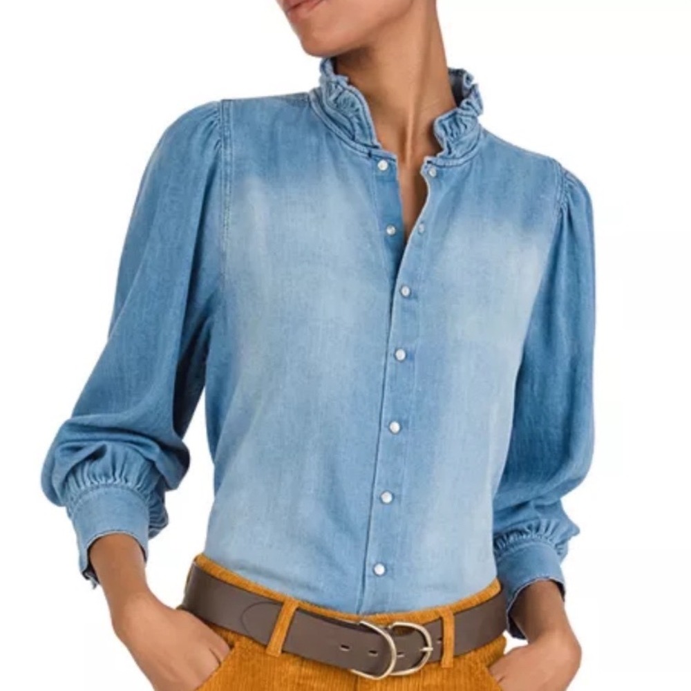 ba&sh Axelle Denim Shirt Light Wash Ruffle Collar Puff Sleeve Blouse Womens XS